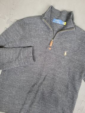 Polo Ralph Lauren Mens Medium Quarter Zip Pullover Sweater Gray Pony Logo